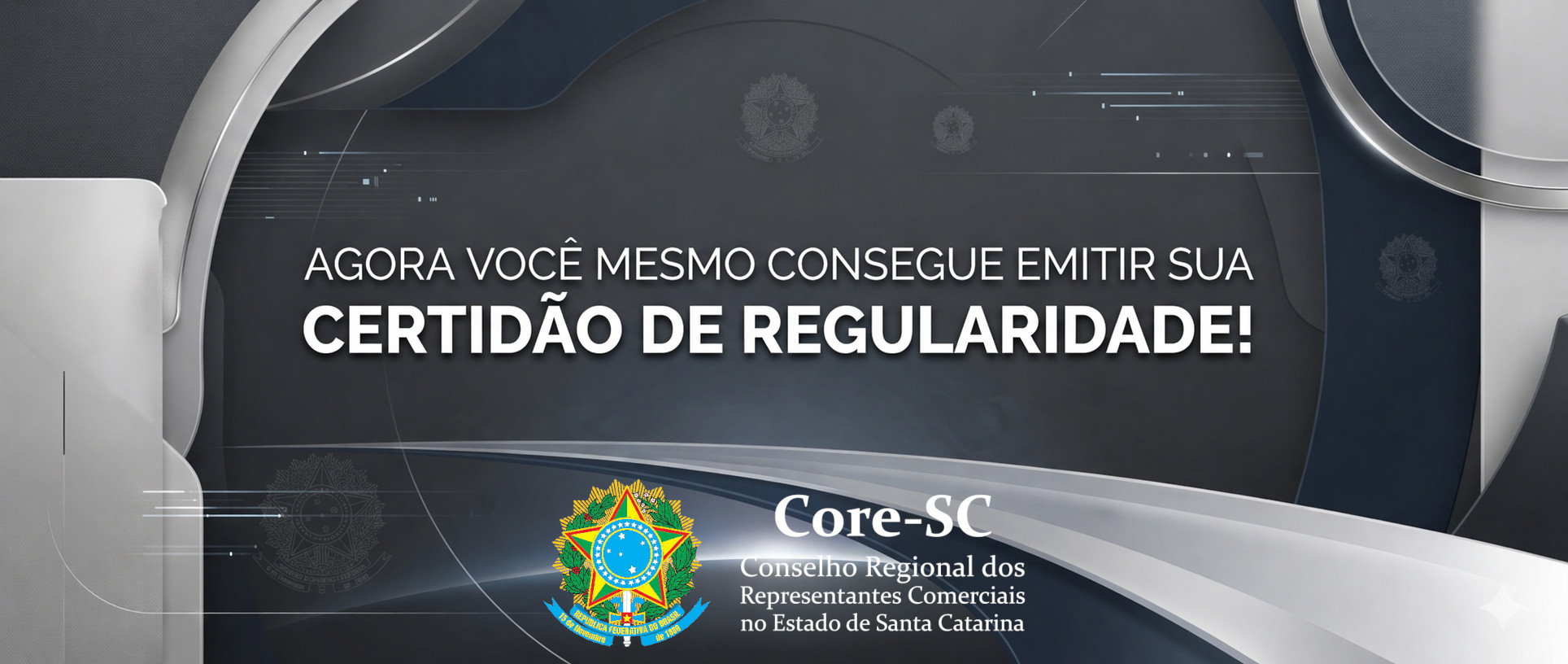 Banner com fundo moderno em tons de azul escuro e cinza, com elementos gráficos tecnológicos e curvas metálicas, exibindo o texto em destaque: "AGORA VOCÊ MESMO CONSEGUE EMITIR SUA CERTIDÃO DE REGULARIDADE!"